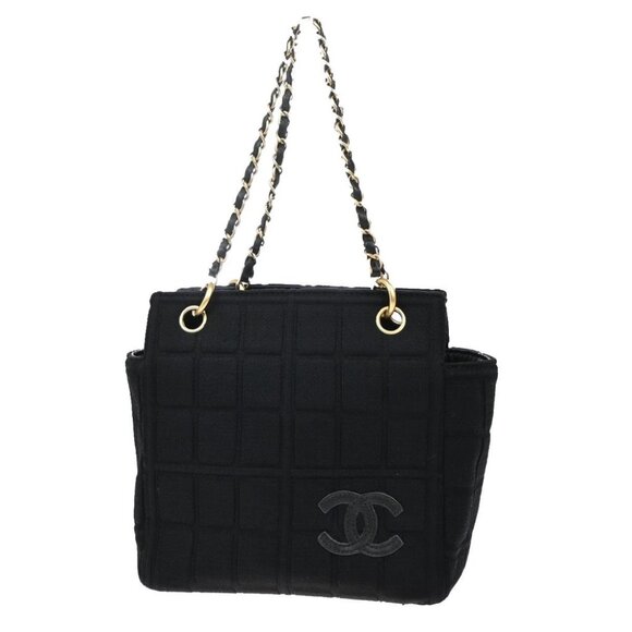 CHANEL CC Logo Chocolate Bar Shoulder Bag Canvas Leather Black GHW Italy - Picture 1 of 14